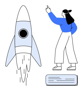 Mavi bluzlu kadın roketi aşağıdaki metin bloğuyla fırlatıyor, başarıyı, yeniliği, takım çalışmasını, motivasyonu, büyümeyi, kariyer ilerlemesini, yaratıcılığı simgeliyor. Düz basit metafor