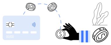 Temassız ödeme kartı, el yapımı bozuk paralar ve dekoratif bitki. Finans, e-ticaret, fintech, mobil ödemeler, bankacılık, tasarruf ve finans teknolojisi için ideal. Basit bir metafor.
