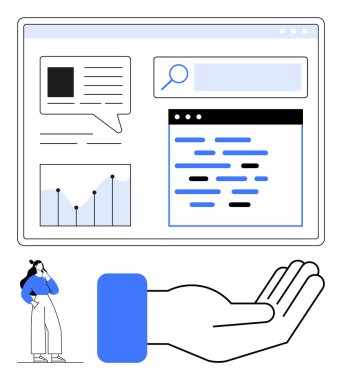 Grafikler, konuşma balonu ve arama çubuğu ile tarayıcı arayüzü açık bir yardım eli ve düşünceli bir figür üzerinde. Teknoloji, destek, takım çalışması, bilgi, analitik, problem çözme için ideal