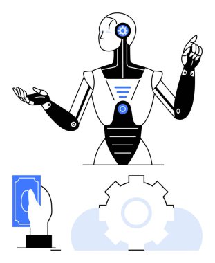 İnsansı robot hareketi, devre kafasının içindeki mavi dişli, el değiştiren para ve vites sembolü. Yapay zeka, teknoloji, robotik, otomasyon yeniliği için ideal. Çalışmanın geleceğini finanse ediyor. Düz basit