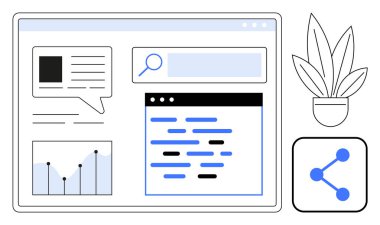 Web sayfası arayüzü ögeleri arama çubuğu, grafik, kodlama blokları, sohbet balonu, saksı bitkisi ve ağ simgesi içerir. Teknoloji UI, veri analizi, dijital iletişim için ideal