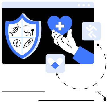 Sağlık sembollü kalkanlar, kalp sunan eller, dinamik yollar ve birbirine bağlı ikonlar. Sağlık sistemleri, tıbbi araştırmalar, sağlık programları, dijital sağlık araçları, hasta güvenliği, sağlık