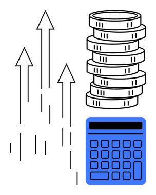 Birikmiş paralar, yukarı doğru oklar ve hesap makinesi finansal büyümeyi, başarıyı ve kar hesaplamasını ön plana çıkarıyor. Finans, yatırım, strateji planlama, zenginlik bütçesi için ideal. Düz