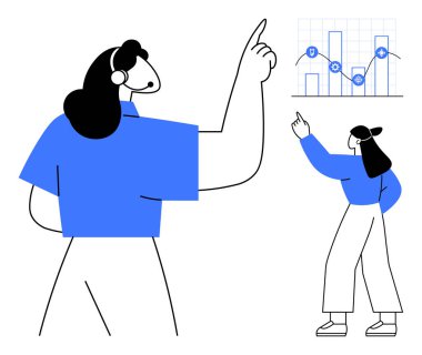 Analitik grafiğe yükselen istatistiklerle bakan kadın büyümeyi, başarıyı ve stratejiyi vurguluyor. İş, veri, analitik, sunum, büyüme eğitimi için ideal basit bir metafor