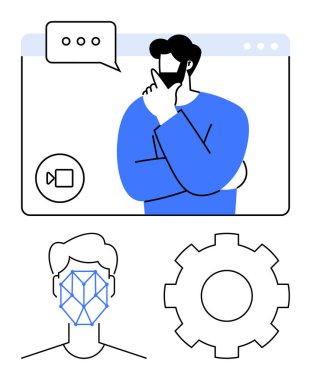 Videodaki adam, yukarıdaki konuşma baloncuğu, yapay zeka yüz tanıma sistemi ve aşağıdaki dişli ikonu. Teknoloji, yapay zeka, video iletişimi, problem çözme, güvenlik yeniliği temaları için ideal