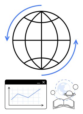Oklu küre küresel akışı, grafiği büyümeyi, açık kitap ipuçlarını, gezegeni keşfi temsil ediyor. Eğitim, ağ oluşturma, küresel ticaret, istatistik ve büyüme için ideal