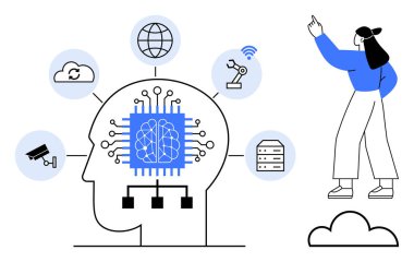 Bulut, küre, robot kol, sunucu ve kamera ikonlarına bağlı yapay zeka devresi olan insan kafası silueti. Yukarı doğru hareket eden bir kadın. Yenilik, teknoloji, yapay zeka güvenlik otomasyon verileri için ideal