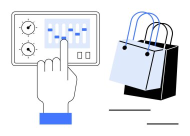 Kontrol paneliyle el etkileşimi, sürgüleri ayarlamak, alışveriş torbalarının yanında. Teknoloji, e-ticaret, çevrimiçi alışveriş, dijital ayarlamalar, perakende yönetimi, kullanıcı deneyimi modern