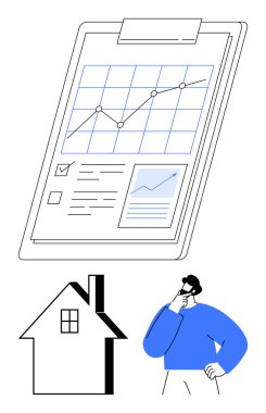 Büyüme çizelgesi, kontrol listesi ve silueti olan bir pano. Yatırım kararlarını düşünen bir adam. Gayrimenkul, mali planlama, piyasa analizi, yatırım, karar verme konutları için ideal