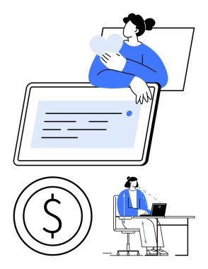 Kalp şeklini büyük tabletin yanında tutan bir kadın, maddi durumu temsil eden dolar işareti, dizüstü bilgisayarda çalışan başka bir kadın. Uzak çalışma, teknoloji, kendini geliştirme, finans, bağlantı, serbest dijital için ideal