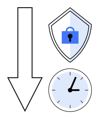 Kilit sembollü güvenlik kalkanı, aşağı doğru ok ve saat mavi aksanlı ve siyah çizgili. Koruma, düşüş, zamanlama, güvenlik, verimlilik, acil planlama konuları için ideal