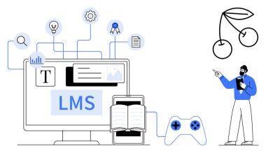 LMS platformlu bilgisayar, kitap, oyun denetleyici, kullanıcı görselleri işaret ediyor, öğrenme süreci simgeleri. Eğitim, eğitim, gamifikasyon, teknoloji e-öğrenme kullanıcı deneyimi için ideal