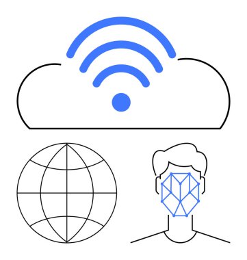 Kablosuz, küresel şebeke, ve yüz tanıma sistemi olan bulut vurgulama bağlantısı, yapay zeka ve küresel teknoloji. Ağ, iletişim, yapay zeka, güvenlik teknolojisi küreselleşmesi için ideal dijital gelecek