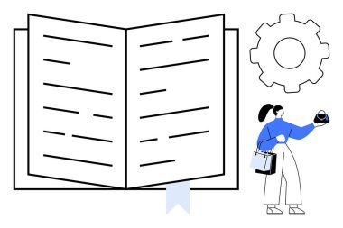 Büyük, açık bir kitap, elinde bardak ve torba tutan kişi, süreci, etkileşimi ve öğrenmeyi gösteren vites simgesi. Eğitim, öğrenim, kariyer, kişisel gelişim eğitimi için ideal bilgi kendini geliştirme