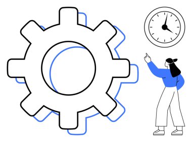 Geniş teçhizat, üzerinde kadın olan saat, minimum tasarım. Üretkenlik, zaman yönetimi, çalışma verimliliği, takım çalışması, planlama iş akışı optimizasyonu için idealdir. Düz basit metafor