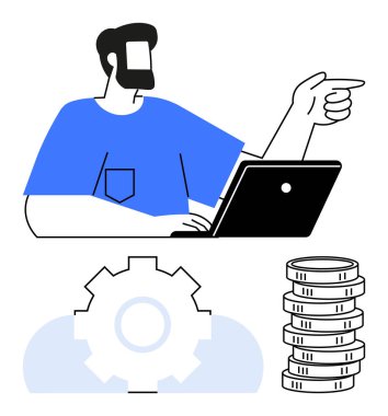 Dizüstü bilgisayarda çalışan ve işaret eden bir adam, yığılmış para simgeleri, bir dişli çark ve bir bulut ile. Teknoloji, finans, takım çalışması, yazılım yeniliği planlama verimliliği için idealdir. En küçük düz düz