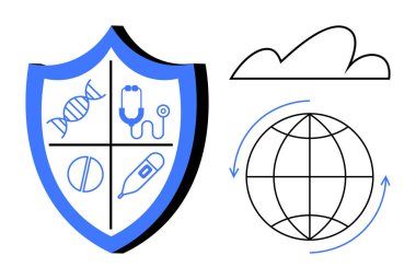 Kalkanlar, DNA, steteskop, hap ve yakınındaki kürede okları ve bulut sembolü olan termometre ikonlarıyla bölümlere ayrılır. Sağlık, koruma, küresel sosyal yardım, teletıp, teknoloji için ideal