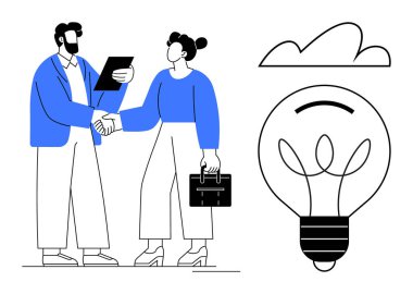 İki profesyonel işbirliği için el sıkışıyor, elinde belgeler ve bir evrak çantası var. Büyük bir ampul ve bulut yaratıcılığı, fikirleri ve başarılı ortaklıkları simgeler. İş için ideal