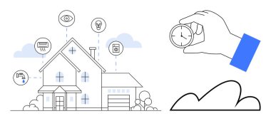 Enerji, güvenlik, su ve ışık ikonları olan bir ev. El ele tutuşan saat zaman kazanmamızı öneriyor. Ev otomasyonu, enerji verimliliği, zaman organizasyonu, kolaylık güvenlik sistemleri için ideal