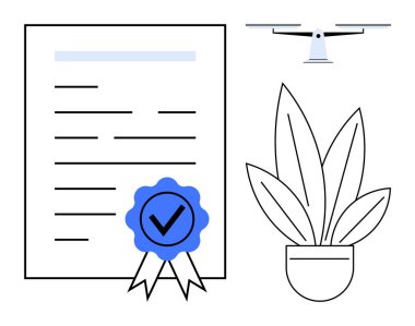 Mavi rozetli, işaretli, saksı bitkisi ve insansız hava aracı sertifikalı belge. Başarı, yenilik, sertifika, başarı, modern teknoloji eğitimi ve tanınma için idealdir. Soyut çizgi
