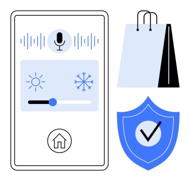Ses kontrollü akıllı ev yönetimi, iklim ayarları, güvenlik koruması ve alışveriş kolaylığı için mobil uygulama arayüzü. Teknoloji, yenilik, ev otomasyonu, yapay zeka, e-ticaret için ideal.