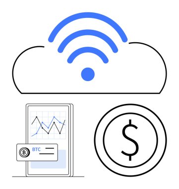 Kablosuz sinyalli bulut, şifreli para birimi, finansal analiz ve para birimi sembolü gösteren mobil cihaz. Finans, kripto para birimi, teknoloji, bulut hizmetleri, mobil uygulamalar, fintech