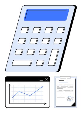 Büyük ekranlı hesap makinesi, yukarı doğru analitik grafik ve imzalı belge. Finans, muhasebe, veri analizi, iş stratejisi, karar verme hukuki belgeleri eğitimi için idealdir. Düz