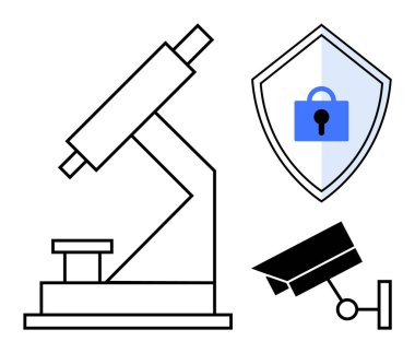 Mikroskop, güvenlik kamerası ve kilit ikonlu kalkan araştırma, izleme ve veri korumasını simgeliyor. Bilim, teknoloji, siber güvenlik, gizlilik güvenliği araştırması ve analizi için ideal