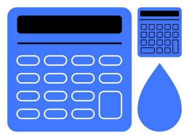 Büyük ölçekli anahtarlar ve su damlası olan hesap makinesi doğruluk, kaynak yönetimi ve çevre dostu temaları vurguluyor. Finans, matematik, su tasarrufu, sürdürülebilirlik kavramları için ideal