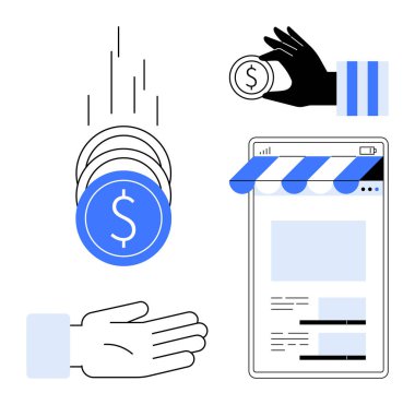 Bozuk paralar, el ele tutuşan bozuk paralar, cep telefonu mağazaları. E-ticaret için ideal, dijital ödeme, çevrimiçi iş, mobil bankacılık, işlem süreci, finansal teknoloji dairesi