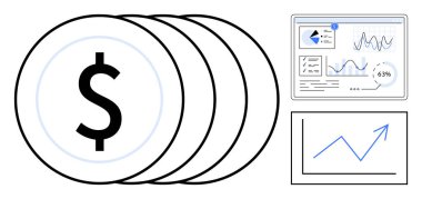 Mali konsolun yanına istiflenmiş bozuk paralar, veri tabloları ve büyüme çizelgesi. Finans, yatırım, analitik, iş planlaması, karlılık, ekonomik büyüme için ideal, düz basit metafor