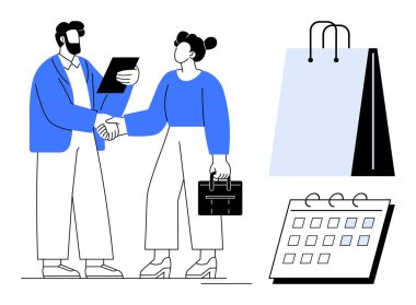 Profesyoneller iş anlaşması için el sıkışıyor. Alışveriş çantası ve takvim simgelerini içerir. İş ortaklıkları, anlaşmalar, perakende, planlama, planlama, ticaret başarısı için idealdir. Düz