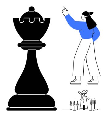 Büyük satranç taşını, yel değirmenini ve aşağıdaki buğday ekinlerini gösteren kadın. Strateji, yenilik, liderlik, karar verme, sürdürülebilirlik, tarım eğitimi için ideal. Düz basit metafor