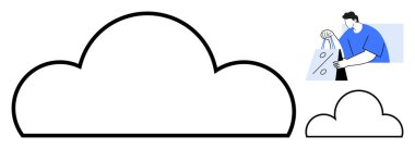 Basitleştirilmiş çizgi sanatı tarzında iki farklı boyutta bulut simgesi. Sağ üst tarafında yüzde işareti olan bir alışveriş çantası tutan adam. Çevrimiçi alışveriş, e-ticaret, bulut depolama, indirimler için ideal. Çizgi