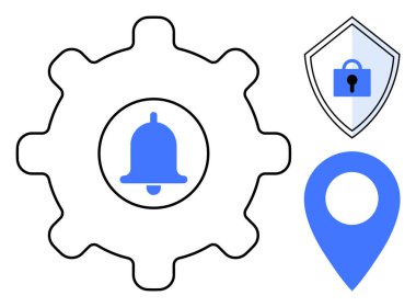 Tebligat zilli teçhizat, kalkanlı kilit ve lokasyon şifresi. Teknoloji, güvenlik, navigasyon, ayarlar, bilgilendirmeler dijital servisler için idealdir. Soyut çizgi düz metafor