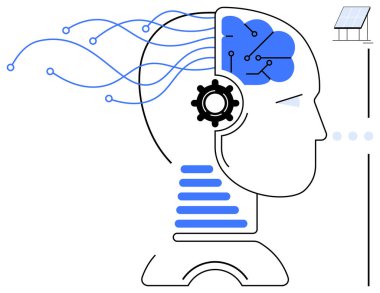 İnsan kafasının profili, teçhizat ve sinir ağı beyni, enerji akışı çizgileri, güneş paneli. Yapay zeka, yenilenebilir enerji, yenilik, teknoloji, sürdürülebilirlik otomasyonu yaratıcılığı için idealdir. Düz basit