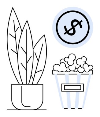 Uzun yapraklı saksı bitkisi, çizgili patlamış mısır kovası ve boş zamanları, eğlenceyi, bütçeyi veya tasarruf yapmayı çağrıştıran dolar ikonu. Sağlık, finans, minimalizm, kişisel bakım yaşam tarzı harcamaları için ideal