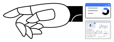 Robotik el dijital panellere uzanıyor trendleri, grafikleri ve pasta grafiklerini analiz ediyor. Yenilik, yapay zeka, robot bilimi, analiz otomasyon teknolojisi ve ilerleme için idealdir. Düz basit