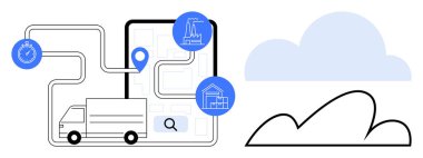 Teslimat kamyonu, fabrika ve depo simgeleriyle haritada geziniyor. Zamanlayıcı ve bulut verimlilik ve dijital bütünleşme öneriyor. Lojistik, otomasyon, tedarik zinciri, zaman yönetimi ve yenilik için ideal
