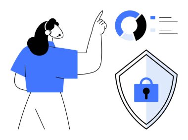 Pasta grafiği veri içgörülerini işaret eden kişi ve asma kilidi olan bir güvenlik kalkanı, korumayı simgeliyor. Veri analizi, siber güvenlik, gizlilik koruması, iş stratejileri, dijital güvenlik için ideal