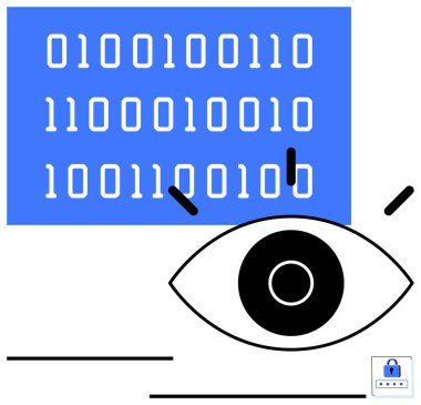 Göz, veri güvenliğini gösteren bir kilit simgesiyle ikili kod bloklarını izliyor. Siber güvenlik, veri analizi, teknoloji, mahremiyet, izleme, şifreleme, çevrimiçi güvenlik için ideal. Düz basit metafor