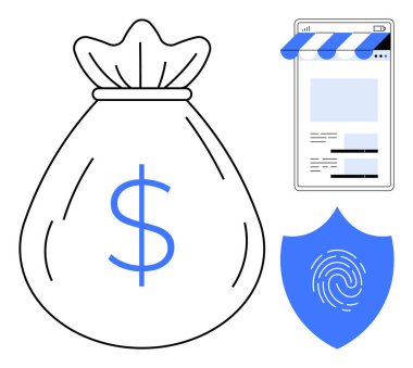 Dolar işaretli para çantası, güvenliği sembolize eden mavi parmak izi kalkanı ve cep telefonu temalı arayüz. Finans, e-ticaret, siber güvenlik, bankacılık, çevrimiçi ödeme, sigorta için ideal