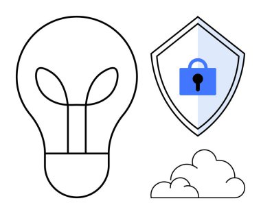 Ampul, güvenlik kilidi ve bulut simgesi olan bir kalkanın yanında yeniliği temsil ediyor. Yaratıcılık için ideal, veri koruması, bulut hesaplama, siber güvenlik, teknoloji çözümleri, İnternet