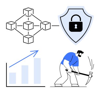 Küplere bağlı blok zincir yapısı, kilitli kalkan, yukarı doğru büyüme grafiği, ve madenci zemini. Engelleme zinciri, güvenlik, büyüme, veri madenciliği, kripto para birimi teknolojisi için ideal