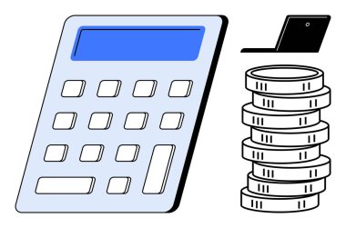Büyük ekranlı hesap makinesi, bozuk para yığını ve dizüstü bilgisayarı mali hesaplamalar, tasarruflar ve dijital iş araçlarını yansıtır. Bütçe, muhasebe, ekonomi, yatırım finans eğitimi için ideal
