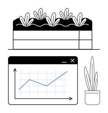 Yükselen bir yatakta gelişen bitkiler, yükselen eğilimleri gösteren çizelgeler, büyümeyi simgeleyen saksı bitkileri. Sürdürülebilirlik, ticari ilerleme, ekoloji, tarım, çevre, analitik ve eğitim için ideal