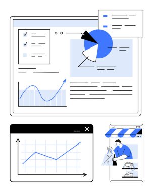 Pasta grafiği, çizgi grafiği ve kontrol listesi, telefon ekranında e-ticaret kontrolü. Analiz, raporlama, online alışveriş, iş temaları, veri görselleştirme pazarlama dairesi için ideal
