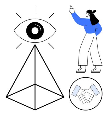 Geometrik piramidin tepesinde göz, daire içinde el sıkışma, yukarı doğru hareket eden insan. Vizyon, takım çalışması, liderlik, anlayış, işbirliği hedefleri kavramsal düşünce için idealdir. Modern düz basit metafor