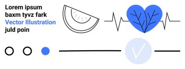 Soyut görseller kalp atışı, işaret, yarım karpuz dilimi ve daire şeklinde simgeler. Sağlık temaları, doğrulama, gıda, soyut tasarımlar, UIUX yaratıcılık kavramları için ideal