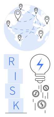 Lokasyon iğneleri ve bağlantıları olan dünya haritası, RISK harfleri istiflenmiş, yıldırımlı ampul, düşen madeni paralar. İş stratejisi, finans, küresel ticaret, yenilik, karar verme mekanizması için ideal